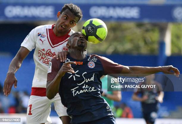 Montpellier's Senegalese forward Souleymane Camara vies with Bordeaux's French defender Jules Kounde during the French L1 football match between MHSC...