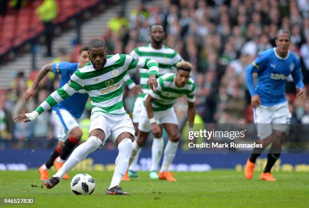 Olivier Ntcham of Celtic scores his sides fourth goal from the penalty spot during the Scottish Cup Semi Final match between Rangers and Celtic at...