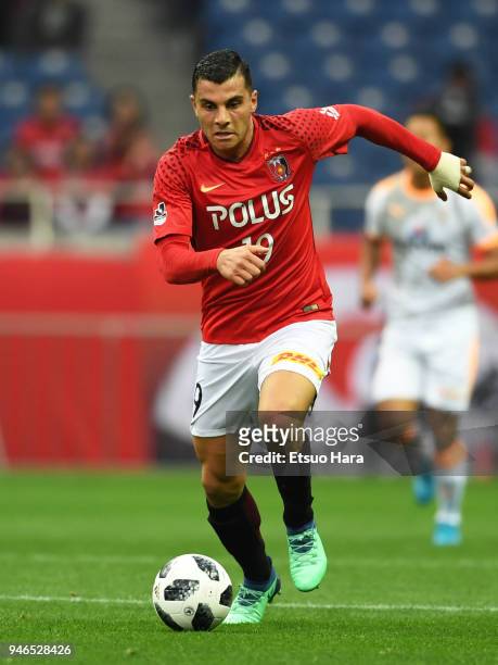 Andrew Nabbout of Urawa Red Diamonds in action during the J.League J1 match between Urawa Red Diamonds and Shimizu S-Pulse at Saitama Stadium on...