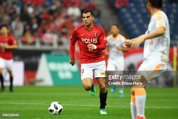 Andrew Nabbout of Urawa Red Diamonds in action during the J.League J1 match between Urawa Red Diamonds and Shimizu S-Pulse at Saitama Stadium on...