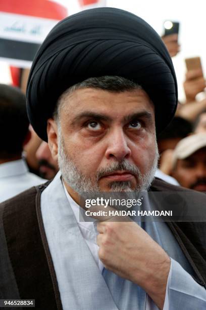 Shiite cleric Moqtada al-Sadr attends the demonstration against the western bombings of Syria, which he called for, on april 15 in Najaf. US, French...