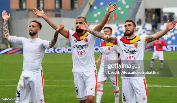 Benevento Calcio players celebrate after the serie A match between US Sassuolo and Benevento Calcio at Mapei Stadium - Citta' del Tricolore on April...