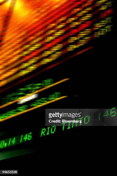 The share price for Rio Tinto Group is displayed on the Australian Securities Exchange stocks board in the lobby of Rialto Towers in Melbourne,...