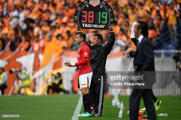 Andrew Nabbout of Urawa Red Diamonds enters the pitch during the J.League J1 match between Urawa Red Diamonds and Shimizu S-Pulse at Saitama Stadium...