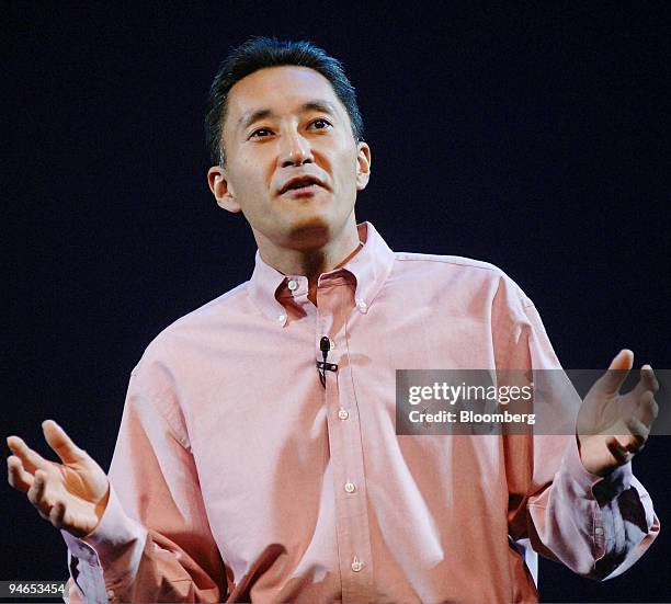 Kazuo Hirai, president and chief executive officer of Sony Computer Entertainment Inc., speaks during the company's news conference at E3, the...