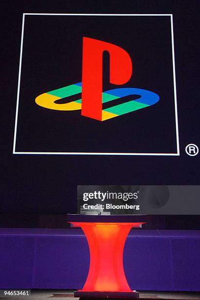 The Sony PlayStation 3 gaming console is seen on display under a PlayStation logo during the company's news conference at E3, the Electronic...