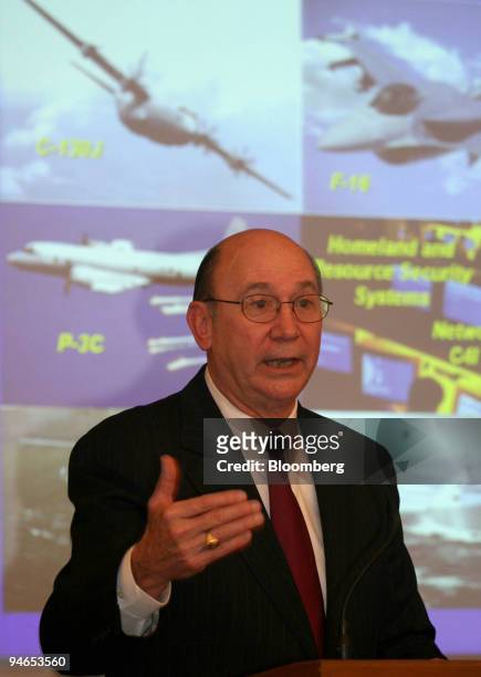 Robert Trice, senior vice president for corporate business development at Lockheed Martin Corp., makes an address during a news conference at Aero...