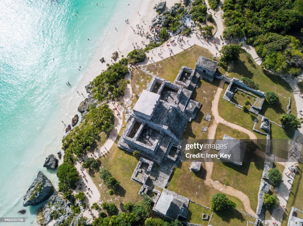 Ruins of Tulum, Mexico overlooking the Caribbean Sea in the Riviera Maya Aerial View.