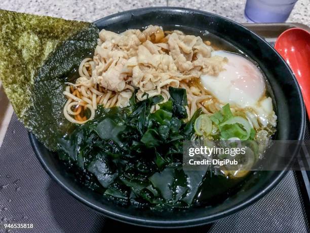 buckwheat noodles with pork, wakame and hot springfield toppings - toppings stock pictures, royalty-free photos & images