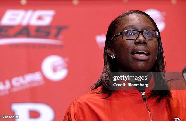 Essence Carson, Rutgers University's women's basketball team captain, speaks during a news conference regarding comments made by CBS radio host Don...