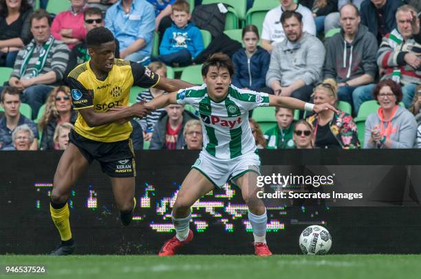 Tsiy Ndenge of Roda JC, Ritsu Doan of FC Groningen during the Dutch Eredivisie match between FC Groningen v Roda JC at the NoordLease Stadium on...