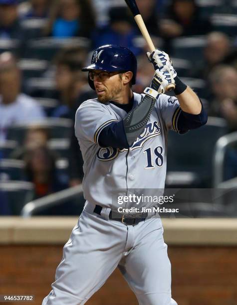 Eric Sogard of the Milwaukee Brewers in action against the New York Mets at Citi Field on April 14, 2018 in the Flushing neighborhood of the Queens...