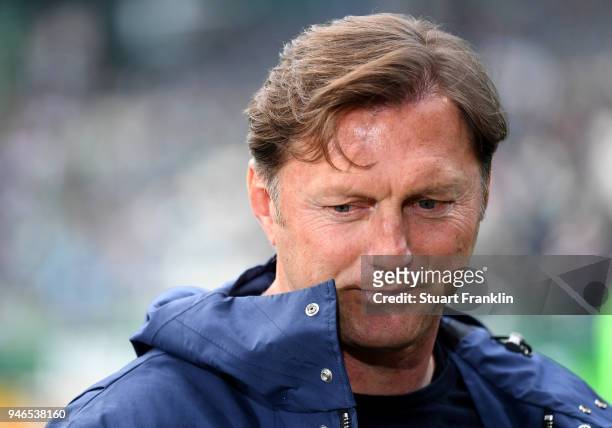 Ralph Hasenhuettl, head coach of Leipzig looks on before the Bundesliga match between SV Werder Bremen and RB Leipzig at Weserstadion on April 15,...