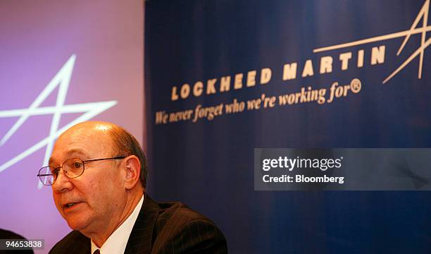 Robert Trice, senior vice president for corporate business development at Lockheed Martin Corp., makes an address during a news conference at Aero...
