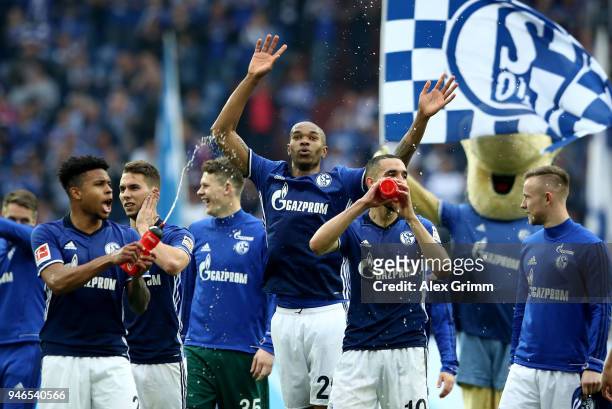 Naldo of Schalke celebrates victory over Dortmund after the Bundesliga match between FC Schalke 04 and Borussia Dortmund at Veltins-Arena on April...