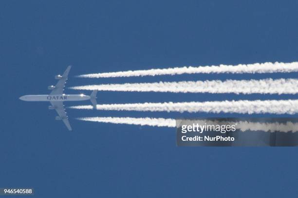 Various images of airplanes overflying Thessaloniki, Greece between 30.000-40.000 feet against the blue sky in April 2018. There are planes with the...
