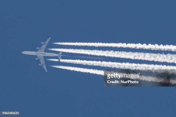 Various images of airplanes overflying Thessaloniki, Greece between 30.000-40.000 feet against the blue sky in April 2018. There are planes with the...