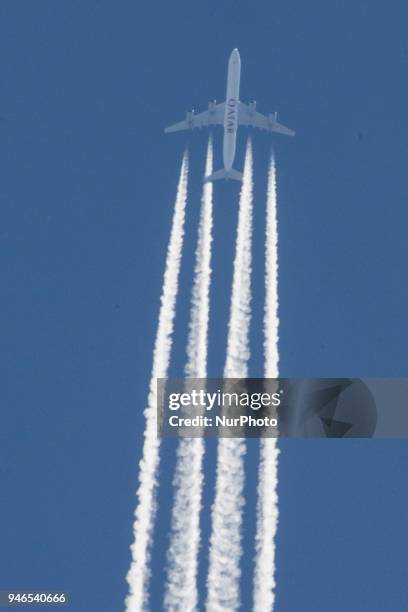 Various images of airplanes overflying Thessaloniki, Greece between 30.000-40.000 feet against the blue sky in April 2018. There are planes with the...