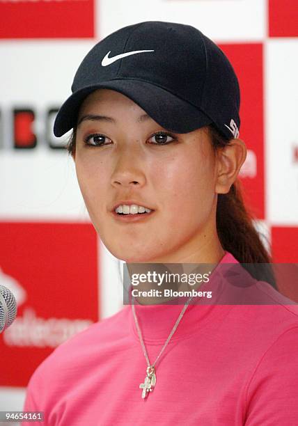 Michelle Wie speaks to the press following the final round of the SK Telecom Open at Sky 72 Golf Club in Incheon, west of Seoul, South Korea, Sunday,...