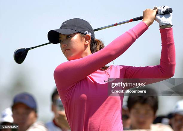 Michelle Wie is seen post-swing during the final round of the SK Telecom Open at Sky 72 Golf Club in Incheon, west of Seoul, South Korea, Sunday, May...