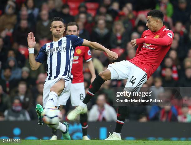Jesse Lingardj of Manchester United has a shot on goal during the Premier League match between Manchester United and West Bromwich Albion at Old...