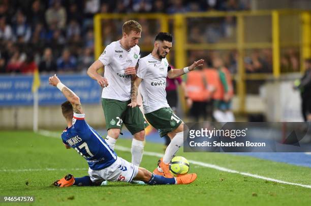 Anthony Goncalves of Strasbourg, Robert Beric and Remy Cabella of Saint Etienne during the Ligue 1 match between Strasbourg and Saint Etienne on...