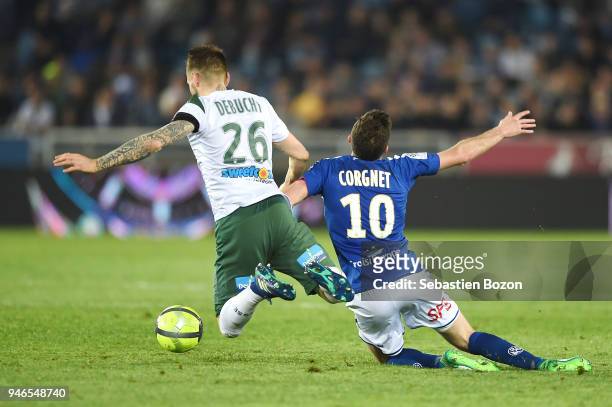 Mathieu Debuchy of Saint Etienne and Benjamin Corgnet of Strasbourg during the Ligue 1 match between Strasbourg and Saint Etienne on April 14, 2018...