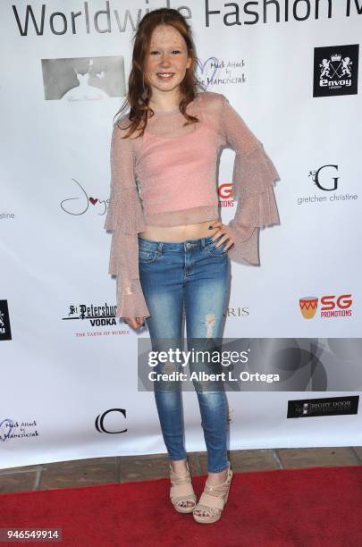 Savannah Lilies arrives for the Global Launch Of Fashion88 held at Pol' Atteu Haute Couture on April 14, 2018 in Beverly Hills, California.