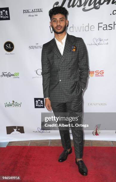 Mikaill Hameed arrives for the Global Launch Of Fashion88 held at Pol' Atteu Haute Couture on April 14, 2018 in Beverly Hills, California.
