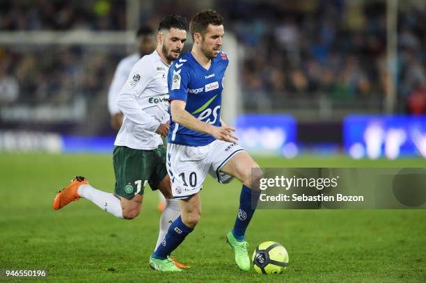 Remy Cabella of Saint Etienne and Benjamin Corgnet of Strasbourg during the Ligue 1 match between Strasbourg and Saint Etienne on April 14, 2018 in...