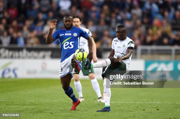 Stephane Bahoken of Strasbourg and Assane Diousse of Saint Etienne during the Ligue 1 match between Strasbourg and Saint Etienne on April 14, 2018 in...