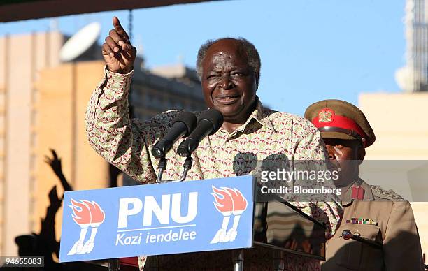 Mwai Kibaki, Kenya's president and leader of the Party of National Unity, speaks to supporters at a political rally in Uhuru Park, Nairobi, Kenya, on...