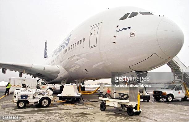 The Airbus A380 plane is serviced at Vancouver International Airport , British Columbia, Canada, Wednesday, November 29 following its first North...
