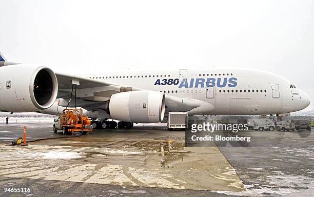 The Airbus A380 plane is serviced at Vancouver International Airport , British Columbia, Canada, Wednesday, November 29 following its first North...