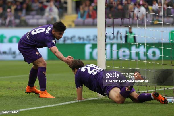 Giovanni Simeone and Federico Chiesa of ACF Fiorentina reacts during the serie A match between ACF Fiorentina and Spal at Stadio Artemio Franchi on...