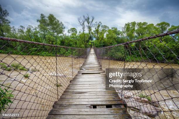 hanging bridge over mountain river - broken tree stock pictures, royalty-free photos & images