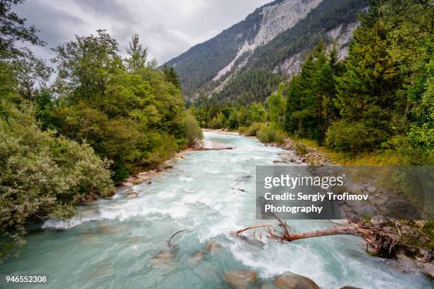 mountain river in austria flowing along the forest - wildwasser fluss stock-fotos und bilder