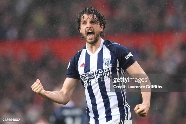Jay Rodriguez of West Bromwich Albion celebrates after scoring his sides first goal during the Premier League match between Manchester United and...