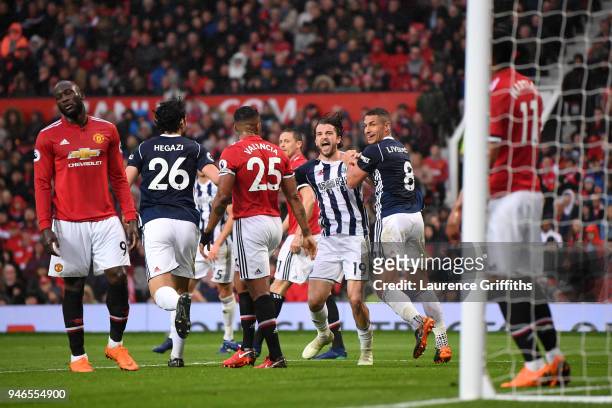Jay Rodriguez of West Bromwich Albion celebrates after scoring his sides first goal with his team mates during the Premier League match between...