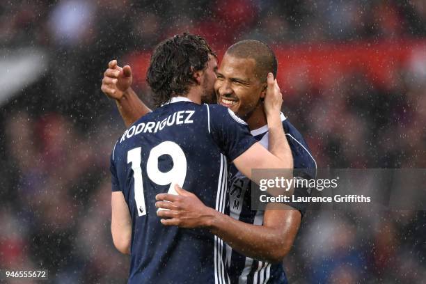 Jay Rodriguez of West Bromwich Albion celebrates after scoring his sides first goal with Jose Salomon Rondon of West Bromwich Albion during the...