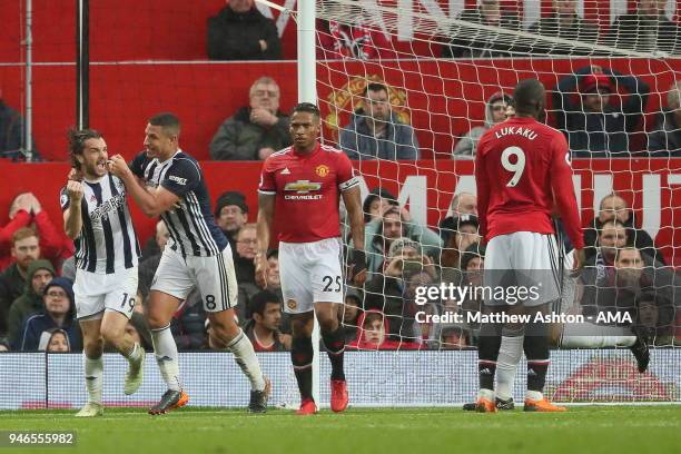 Jay Rodriguez of West Bromwich Albion celebrates after scoring a goal to make it 1-0 during the Premier League match between Manchester United and...