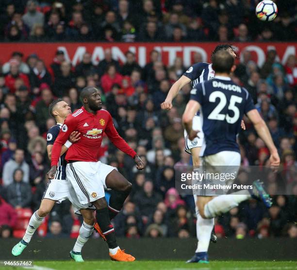 Romelu Lukaku of Manchester United in action with Kieran Gibbs of West Bromwich Albion during the Premier League match between Manchester United and...