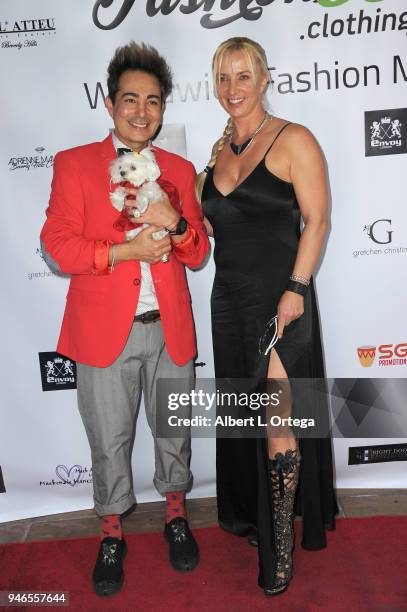 Host Patrik Simpson and Marina Kufa arrive for the Global Launch Of Fashion88 held at Pol' Atteu Haute Couture on April 14, 2018 in Beverly Hills,...