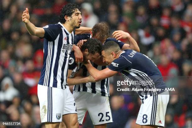 Jay Rodriguez of West Bromwich Albion celebrates after scoring a goal to make it 1-0 during the Premier League match between Manchester United and...