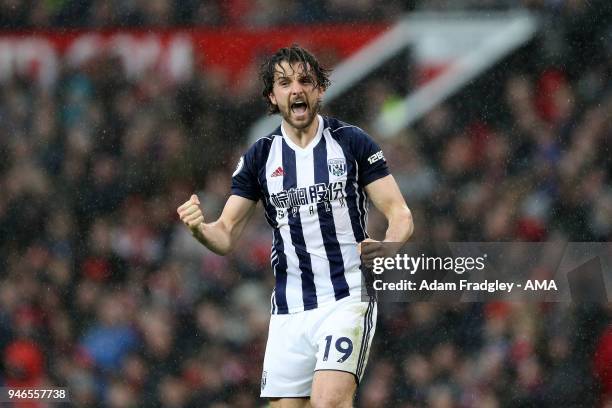 Jay Rodriguez of West Bromwich Albion celebrates after scoring a goal to make it 1-0 during the Premier League match between Manchester United and...