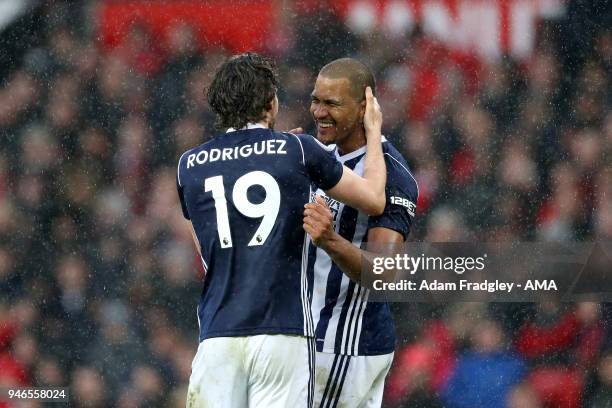 Jay Rodriguez of West Bromwich Albion celebrates after scoring a goal to make it 1-0 during the Premier League match between Manchester United and...