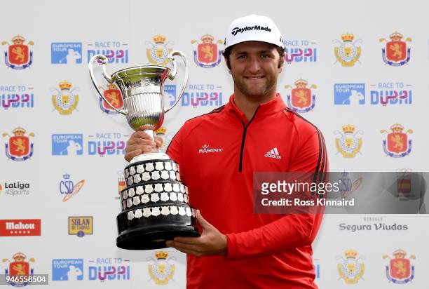 Jon Rahm of Spain poses with the trophy after winning the Open de Espana Day Four of the Open de Espana at Centro Nacional de Golf on April 15, 2018...
