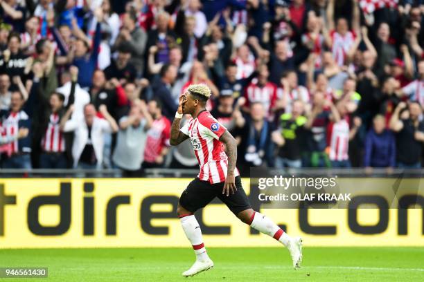 Eindhoven's Steven Bergwijn celebrates the 3-0 during the Dutch Eredivisie championship football match against Ajax Amsterdam at the Philips Stadion...