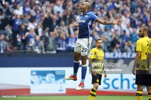 Naldo of Schalke celebrates his team's second goal during the Bundesliga match between FC Schalke 04 and Borussia Dortmund at Veltins-Arena on April...