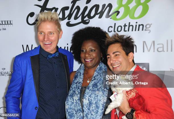 Hosts Pol' Atteu and Patrik Simpson with Deanna Reed-Foster arrive for the Global Launch Of Fashion88 held at Pol' Atteu Haute Couture on April 14,...